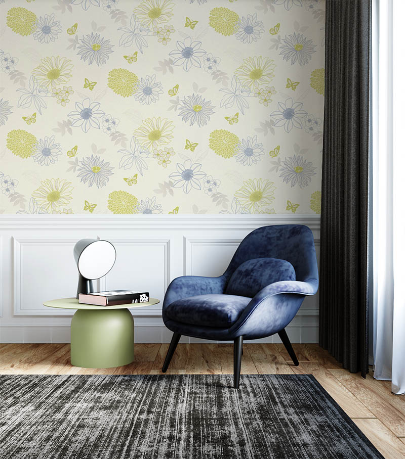 Çiçekli Kelebekli Mavi Yeşil Ucuz Duvar Kağıdı 54249