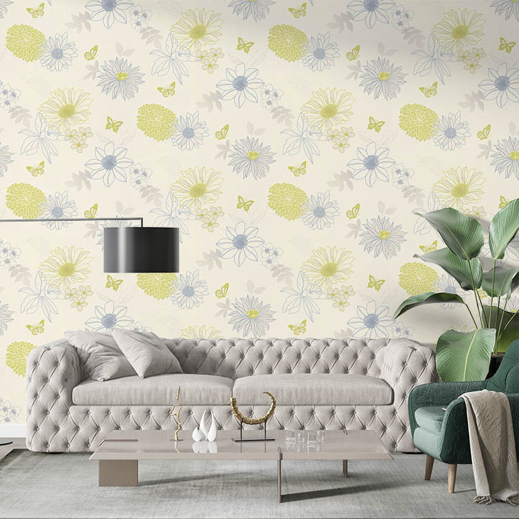 Çiçekli Kelebekli Mavi Yeşil Ucuz Duvar Kağıdı 54249