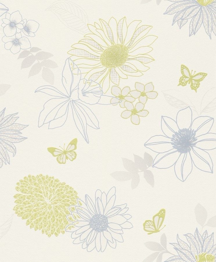 Çiçekli Kelebekli Mavi Yeşil Ucuz Duvar Kağıdı 54249
