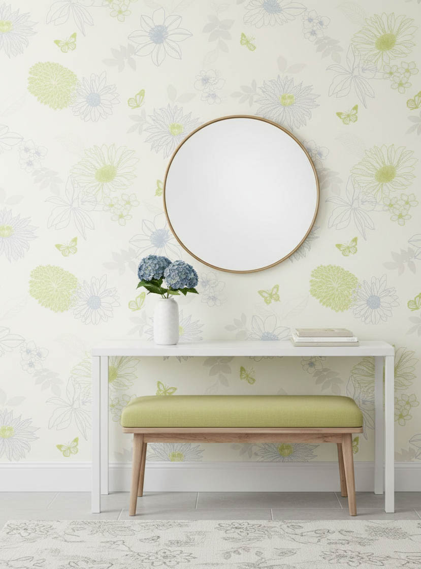 Çiçekli Kelebekli Mavi Yeşil Ucuz Duvar Kağıdı 54249