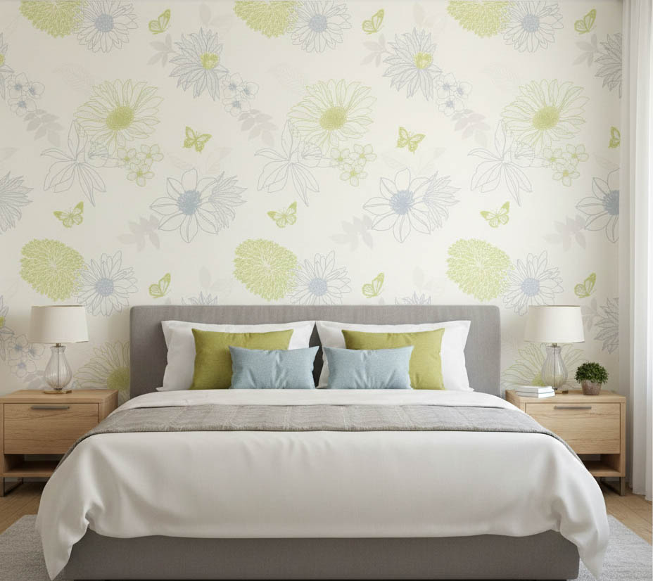 Çiçekli Kelebekli Mavi Yeşil Ucuz Duvar Kağıdı 54249