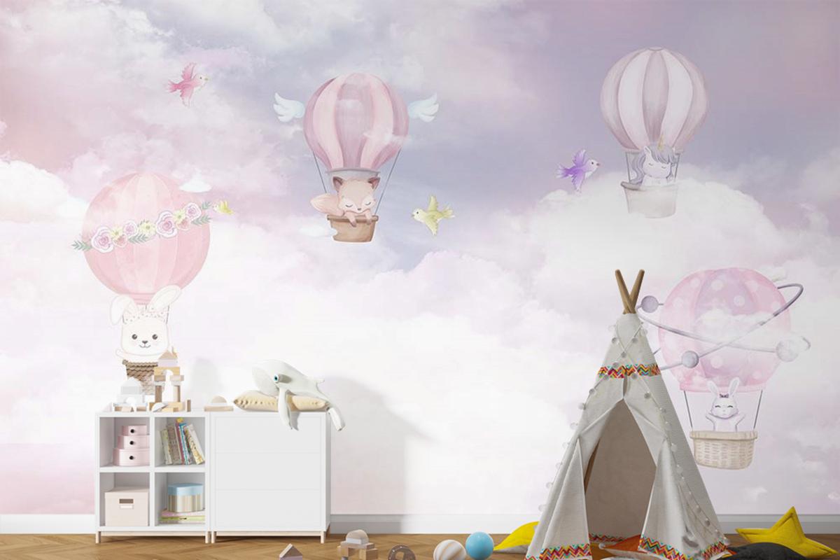 Çocuk Odası Duvar Kağıdı Balonlar Ve Sevimli Hayvanlar