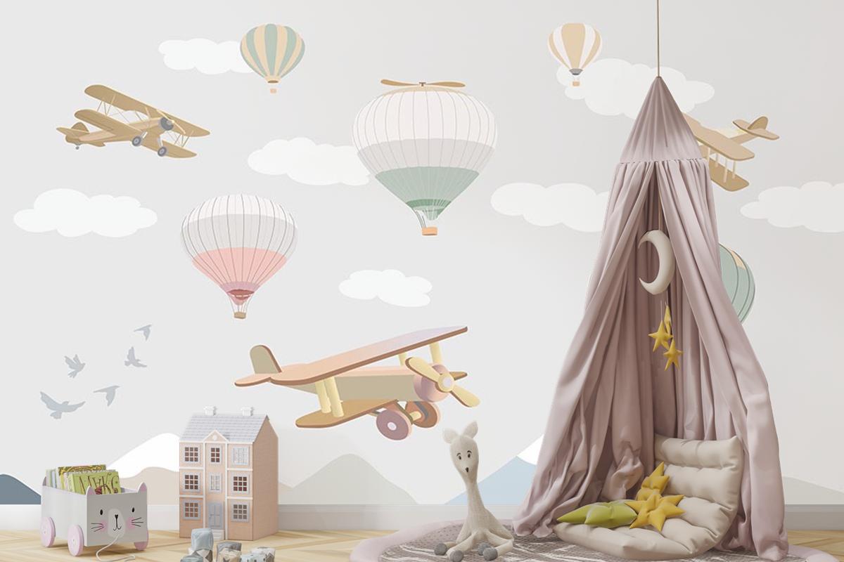 Çocuk Odası Duvar Kağıdı Bulutlar Üzerinde Uçaklar Ve Uçan Balonlar