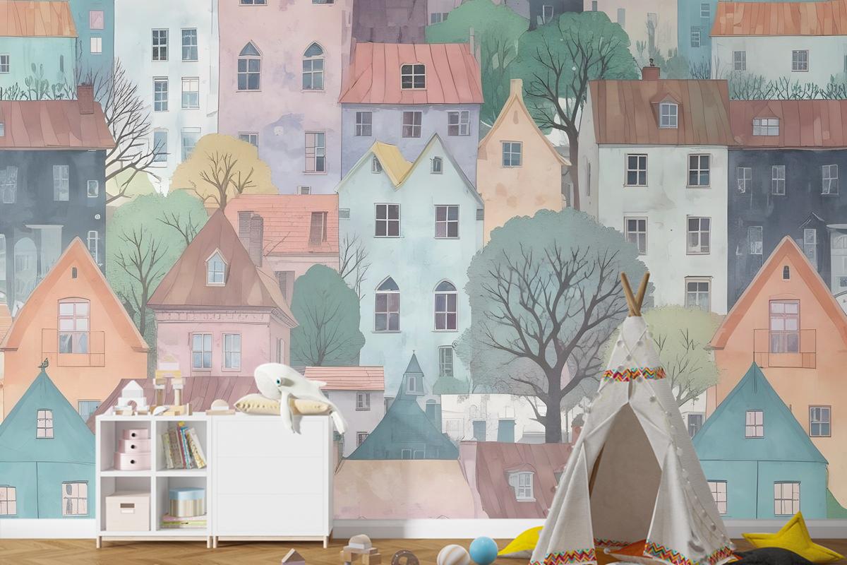 Çocuklar Küçük Kasaba Sevimli Suluboya Ev Çocuk Odası Duvar Kağıdı