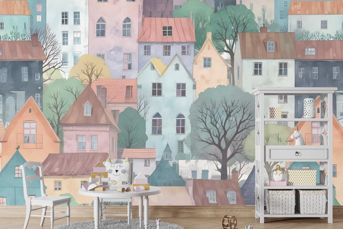 Çocuklar Küçük Kasaba Sevimli Suluboya Ev Çocuk Odası Duvar Kağıdı