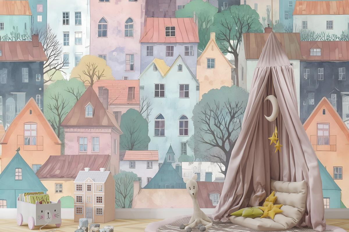 Çocuklar Küçük Kasaba Sevimli Suluboya Ev Çocuk Odası Duvar Kağıdı