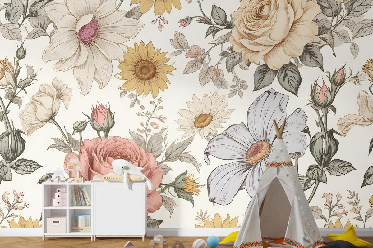 Çocuklar Şakayık Ve Papatya Çiçek Çocuk Odası Duvar Kağıdı