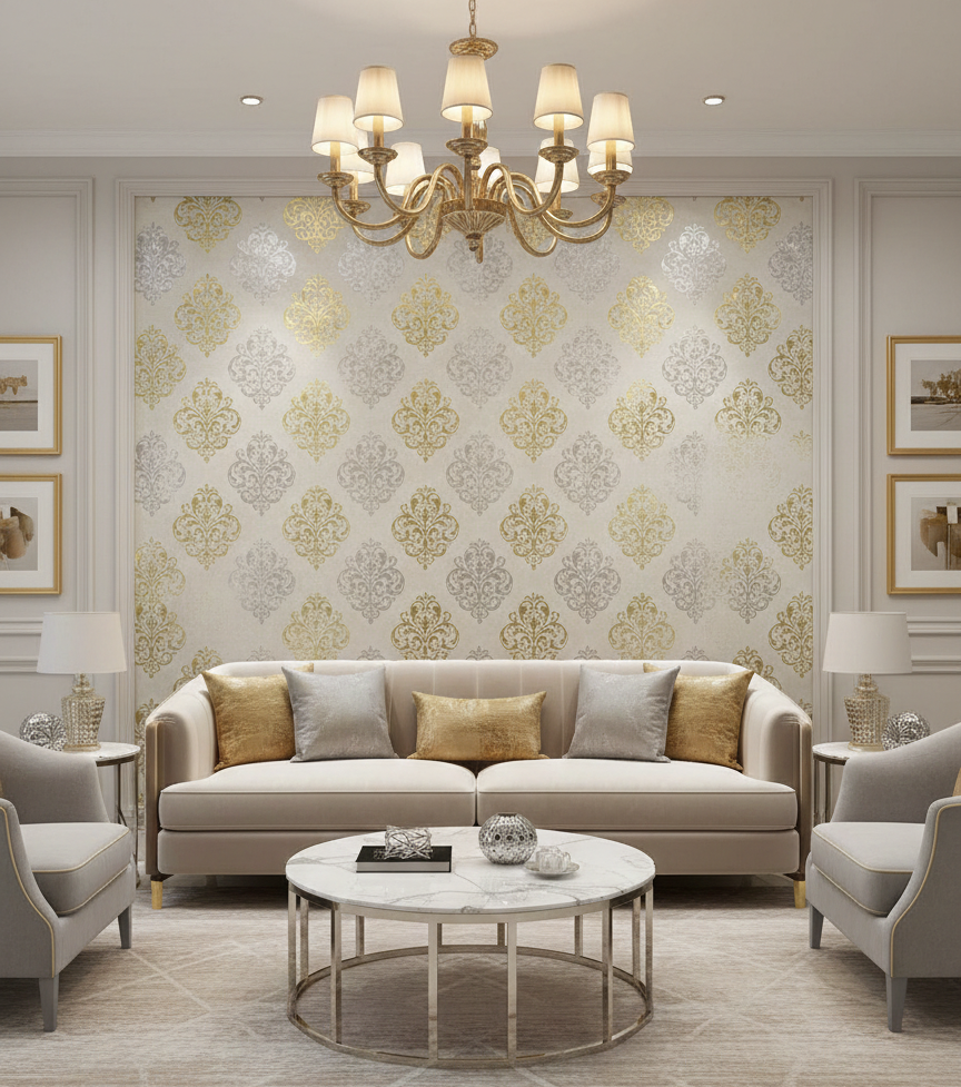 Damask Desen Gold Gümüş Duvar Kağıdı 13912