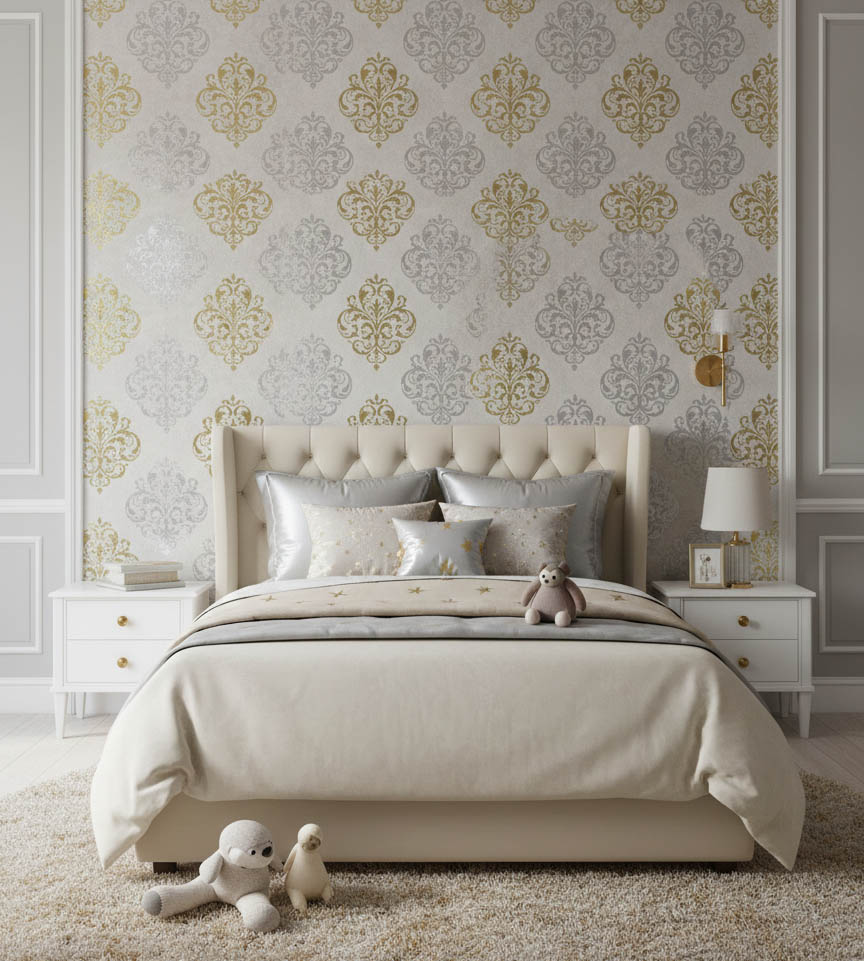 Damask Desen Gold Gümüş Duvar Kağıdı 13912