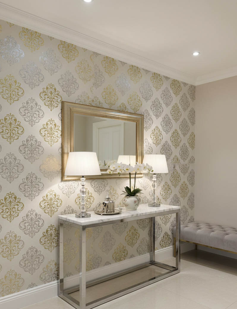 Damask Desen Gold Gümüş Duvar Kağıdı 13912