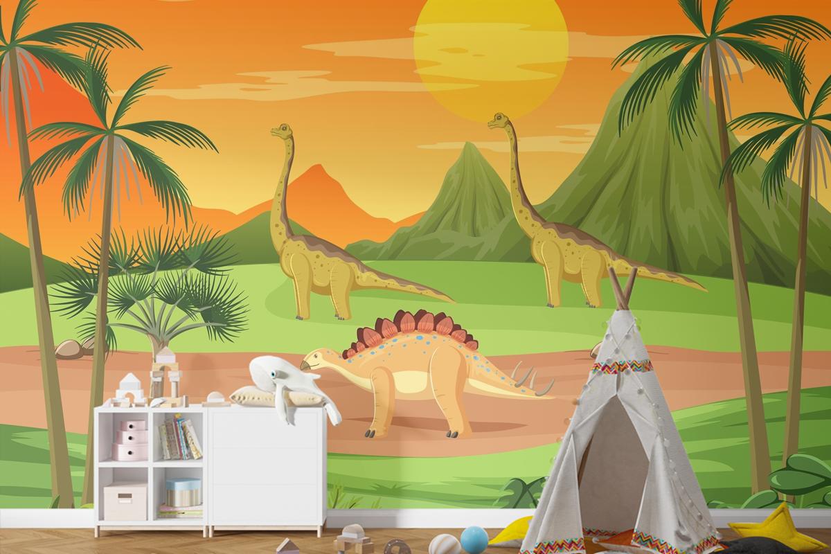 Dinozor Karikatür Çocuk Odası Duvar Kağıdı  Ile Tarih Öncesi Orman