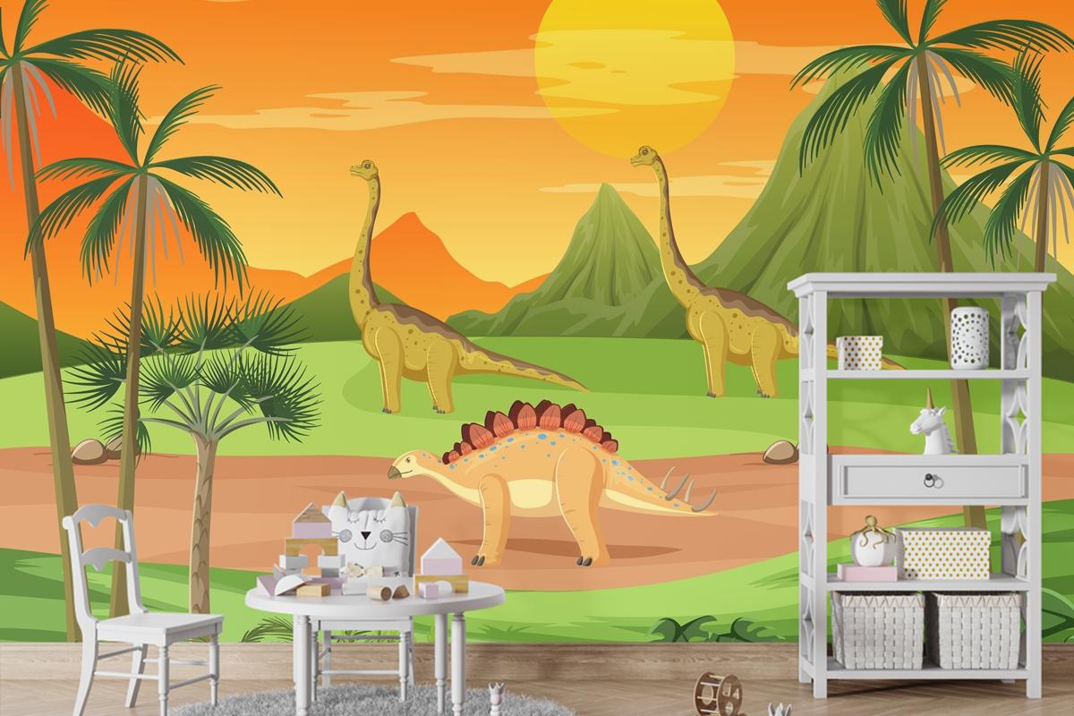 Dinozor Karikatür Çocuk Odası Duvar Kağıdı  Ile Tarih Öncesi Orman