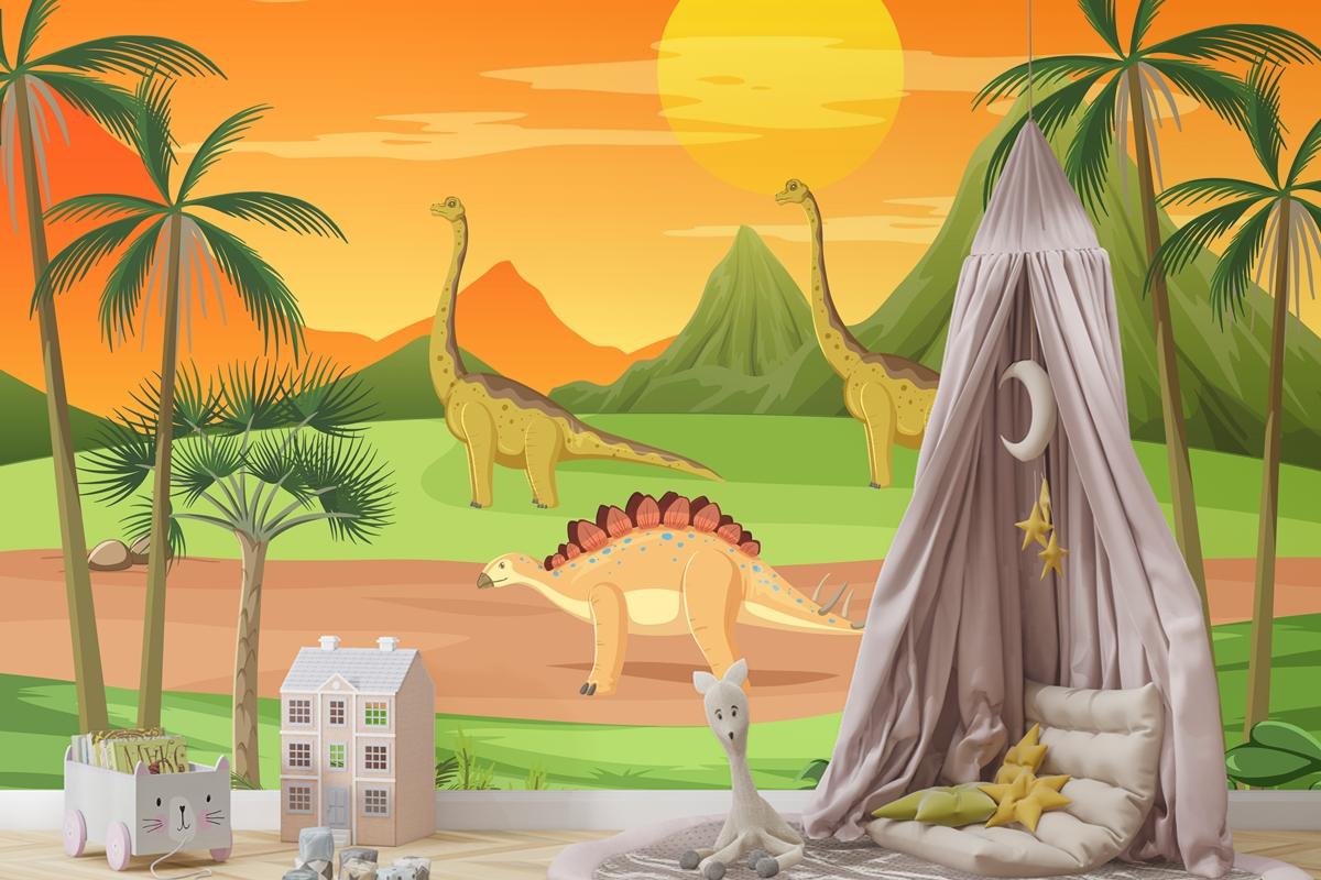 Dinozor Karikatür Çocuk Odası Duvar Kağıdı  Ile Tarih Öncesi Orman