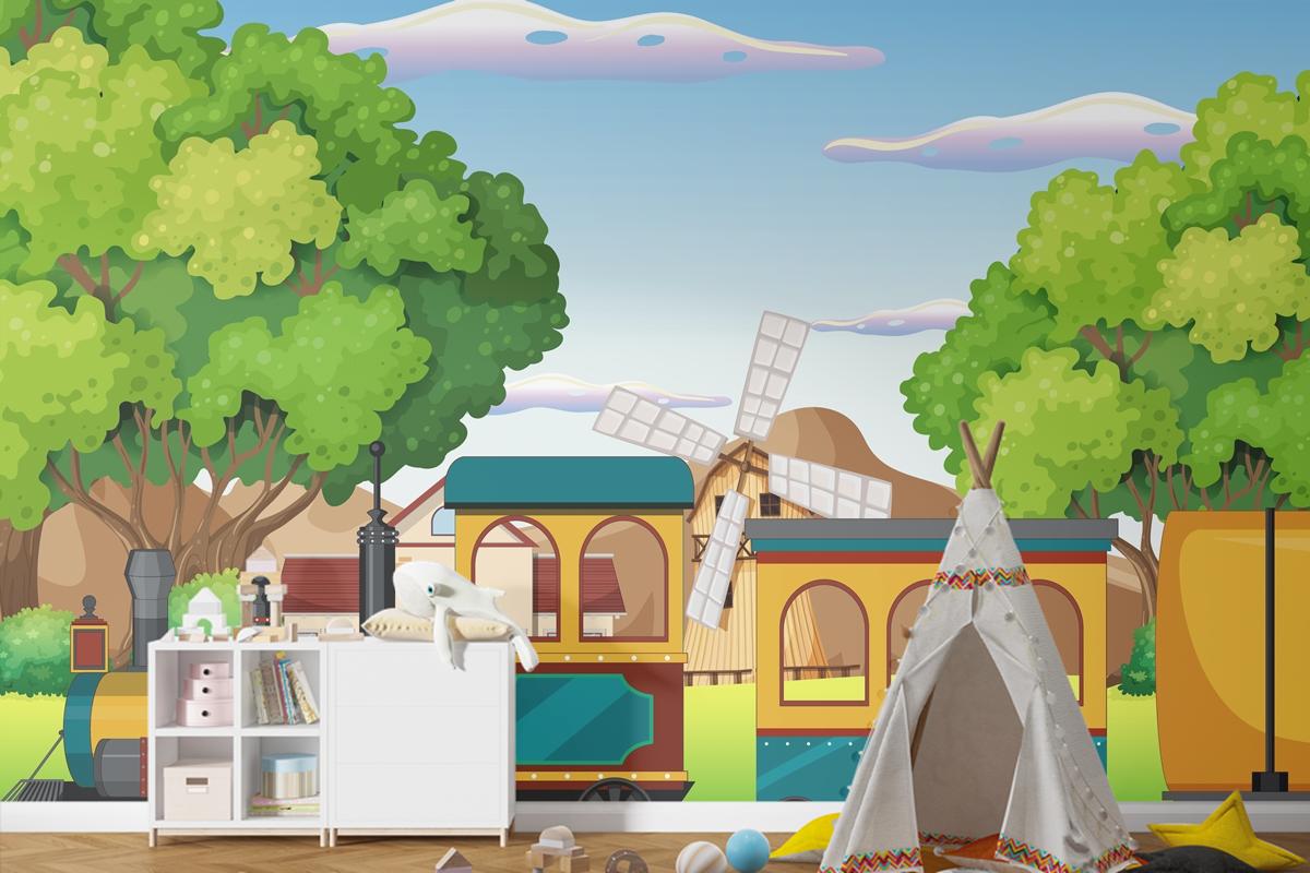 Doğal Sahneli Tren Çocuk Odası Duvar Kağıdı