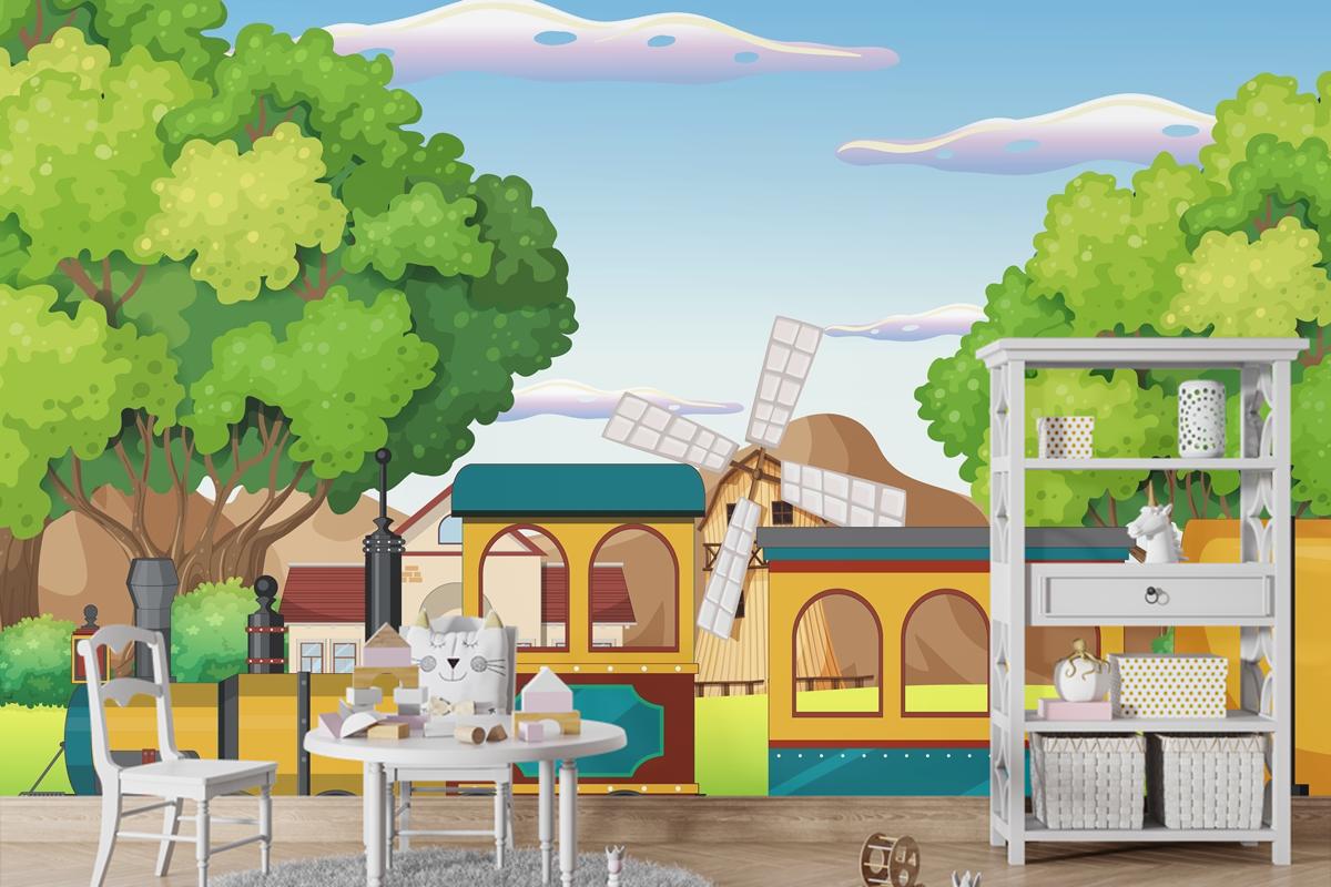 Doğal Sahneli Tren Çocuk Odası Duvar Kağıdı