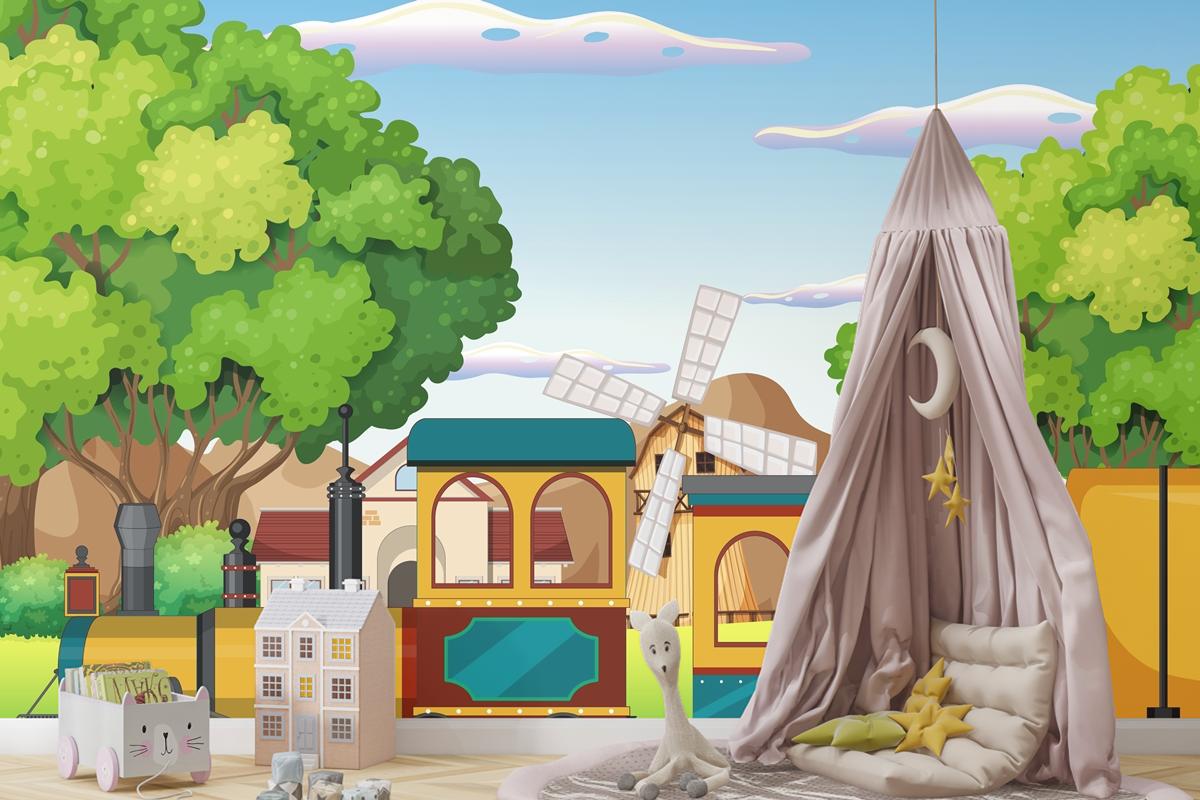 Doğal Sahneli Tren Çocuk Odası Duvar Kağıdı