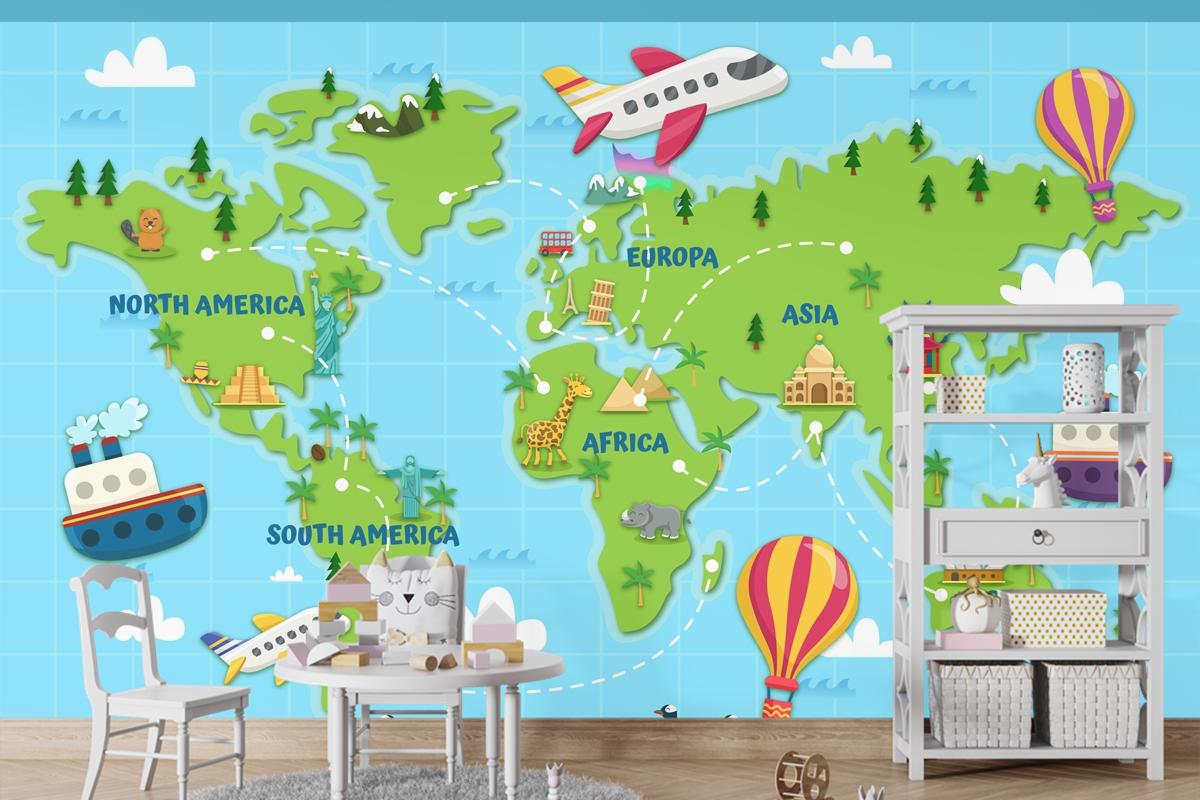 Dünyayı Seyahat Dünya Haritası Çocuk Odası Duvar Kağıdı 