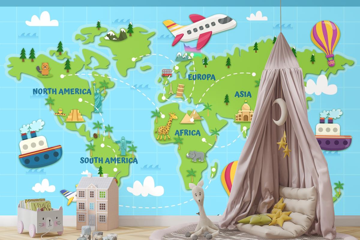 Dünyayı Seyahat Dünya Haritası Çocuk Odası Duvar Kağıdı 