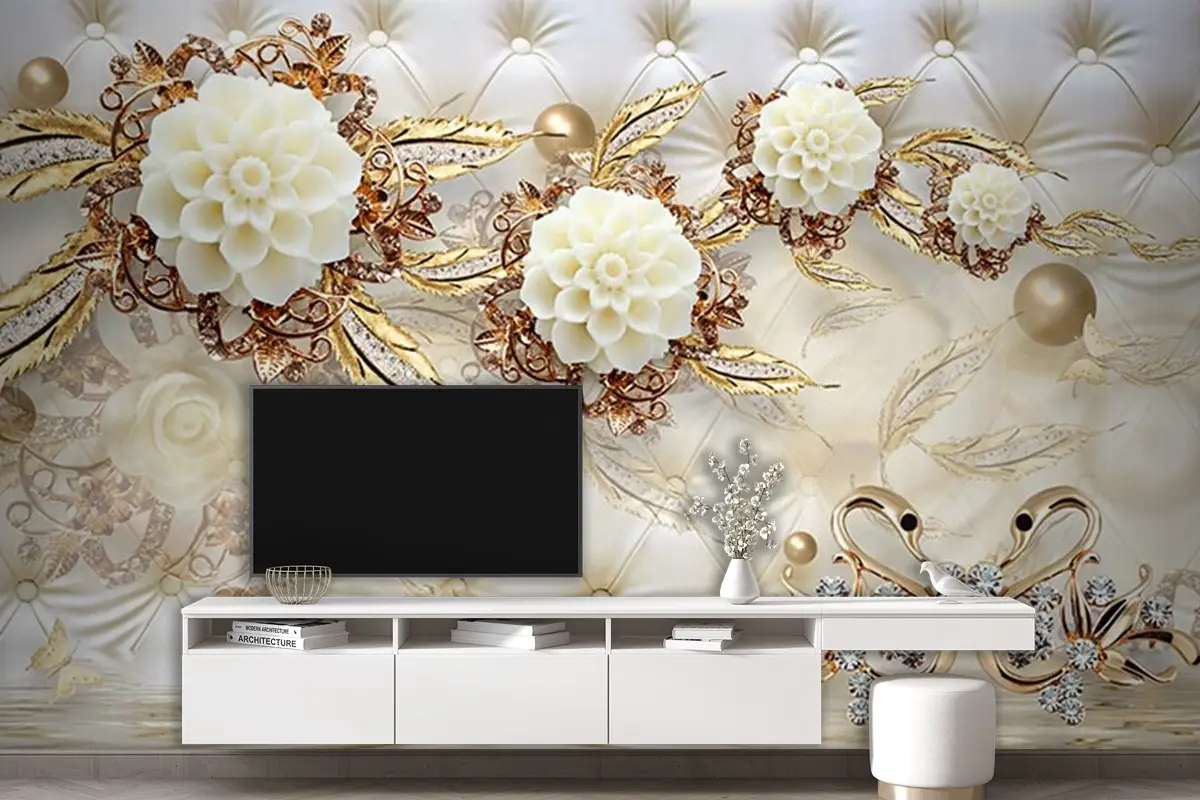  3 Boyutlu Tv Arkası Gold Çiçekler