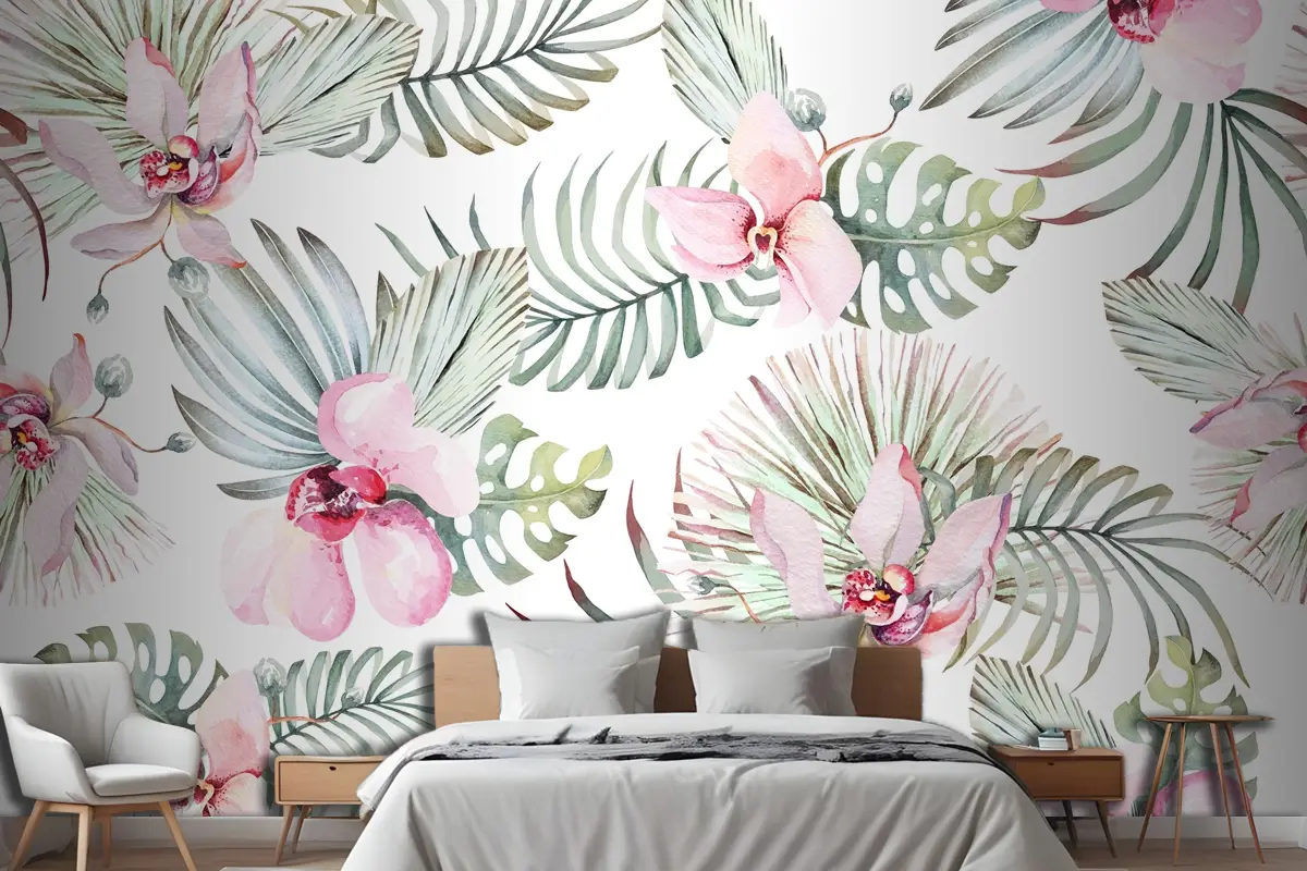 Tropikal Bitki Orkidesi Ve Çiçeklerinin Kusursuz Deseni Yatak Odası Duvar Kağıdı
