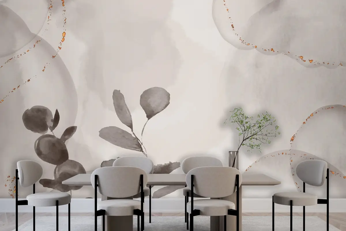 Suluboya Elle Çizilmiş Arka Plan Yaprakları Yemek Odası Duvar Kağıdı