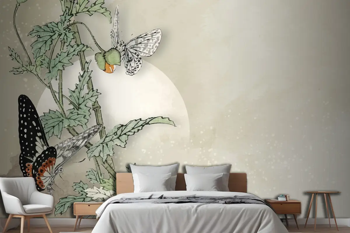 Yapraklı Kelebek Çerçeve Tasarımı Yatak Odası Duvar Kağıdı