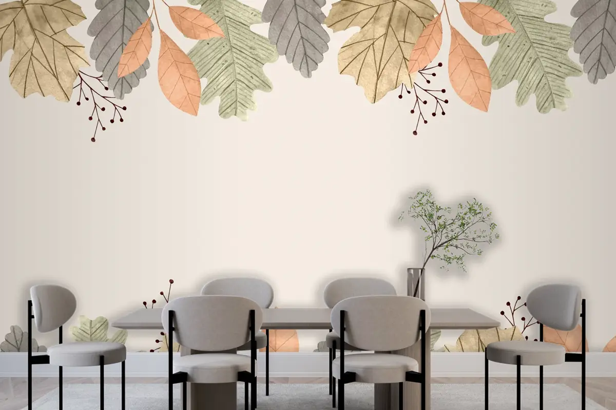 Suluboya Sonbahar Yaprakları Arka Plan Yemek Odası Duvar Kağıdı
