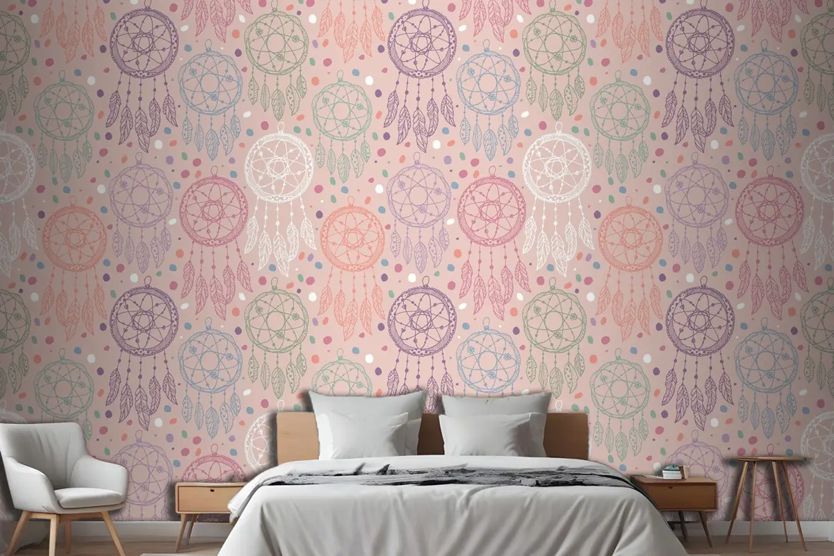 Elle Çizilmiş Boho Desen Tasarımı Yatak Odası Duvar Kağıdı Duvar Gravür