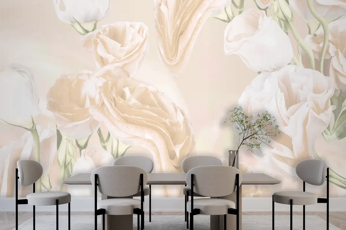 Çiçekli Arka Plan Bej Gül Psychedelic Sanat Yemek Odası Yemek Odası Duvar Kağıdı