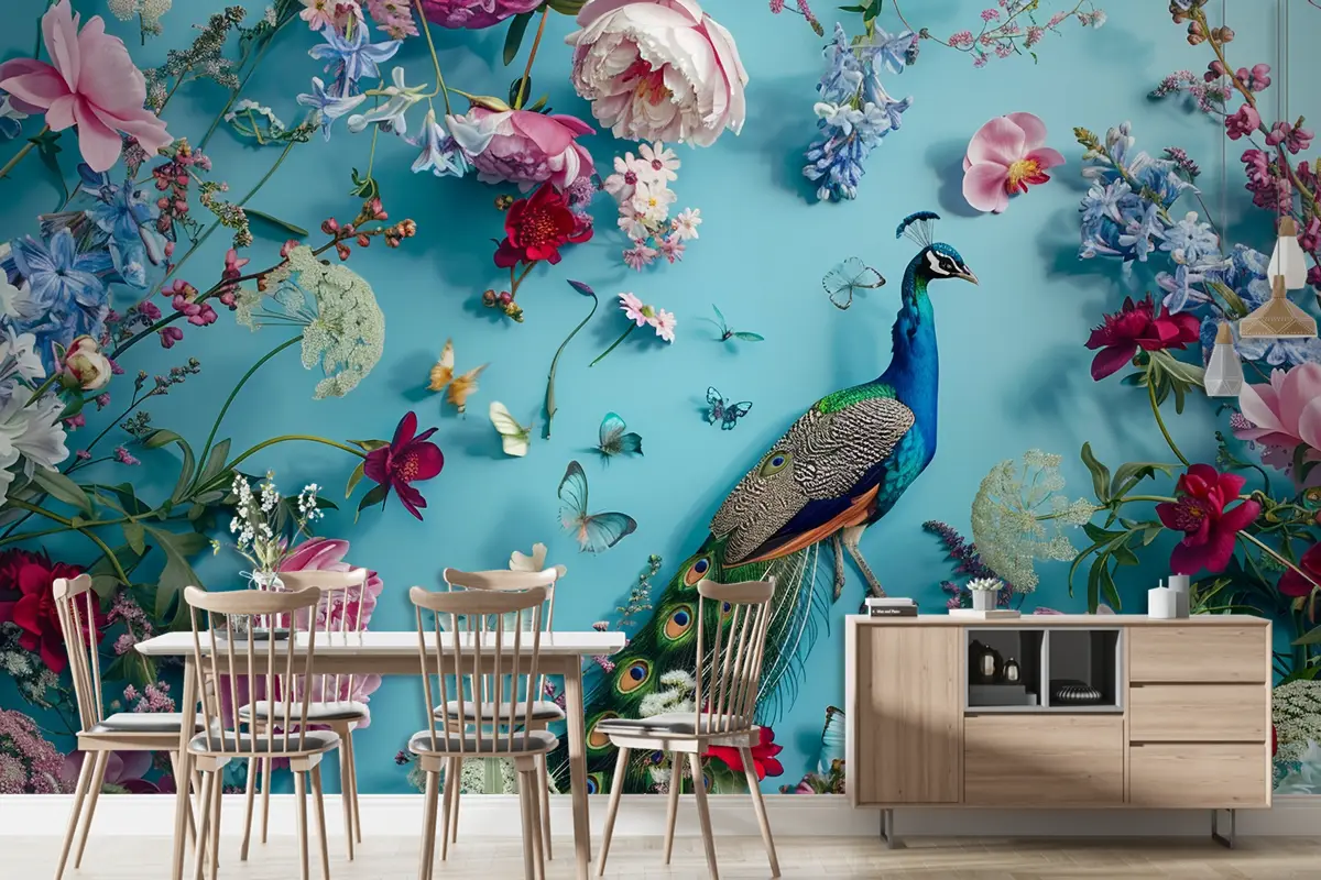 Çiçekler Ve Kelebeklerle Çevrelenmiş Tavus Kuşu Duvar Kağıdı