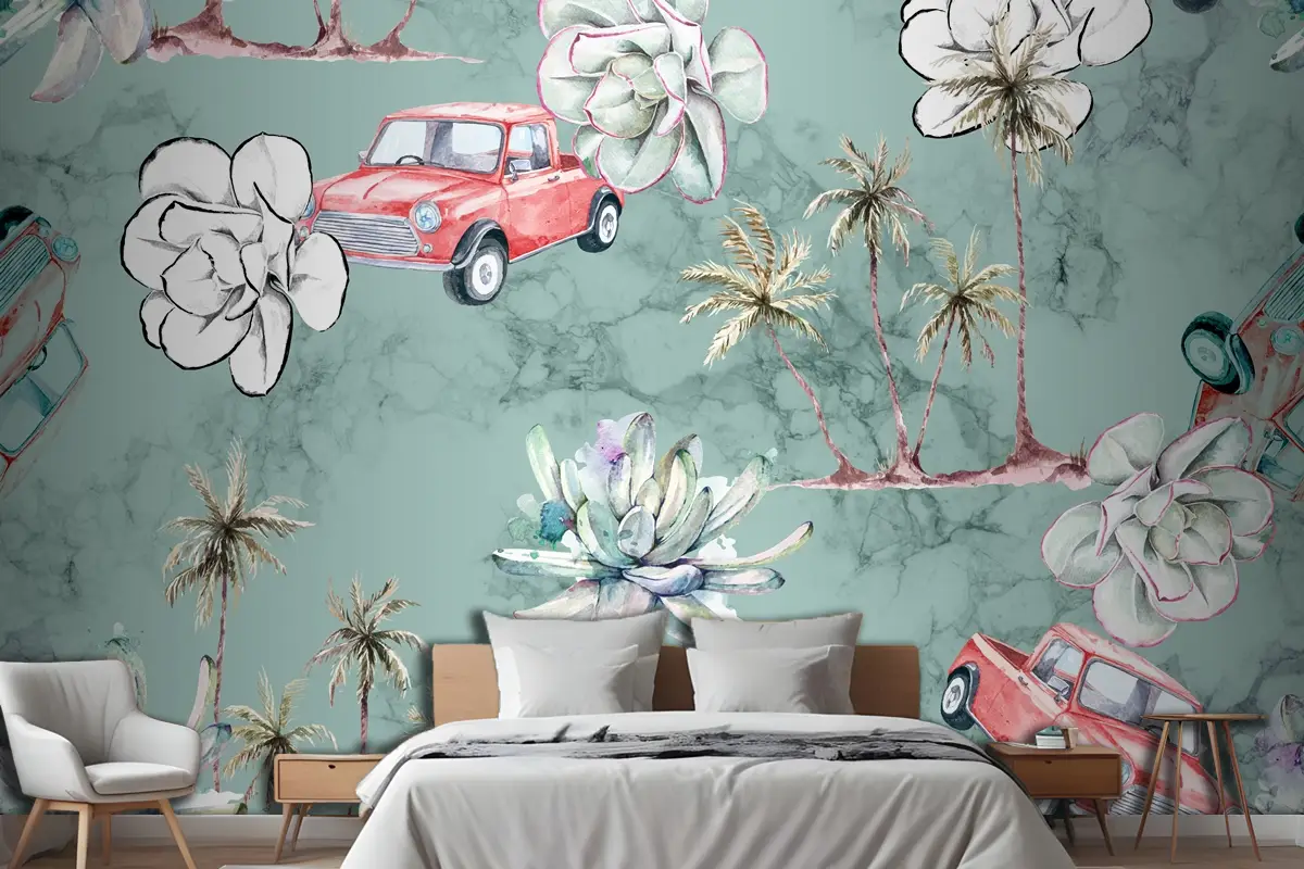 Dikişsiz Desen Tropikal Ve Palmiye Ağaçları Yatak Odası Duvar Kağıdı