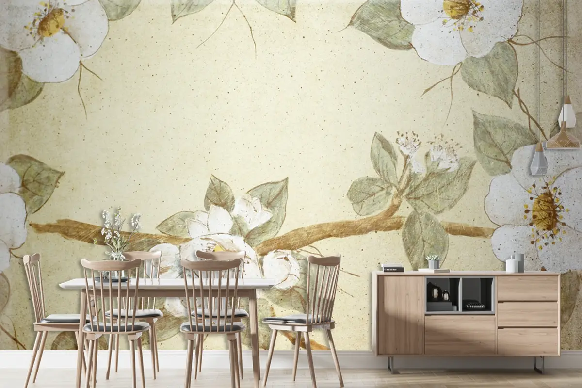 Eski Kağıt Duvar Kağıdı  Üzerinde Retro Çiçek Desenli