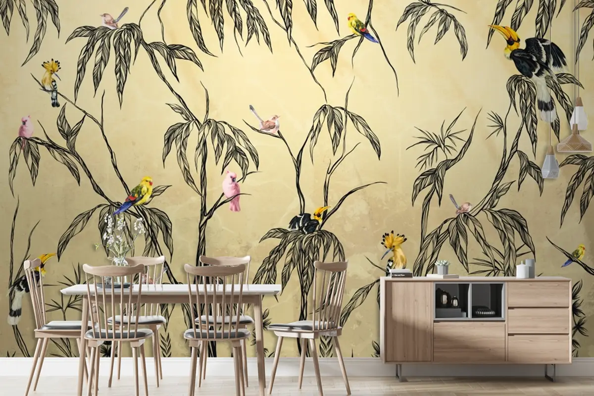 Dokulu Bej Duvar Kağıdı Duvarında Tropik Kuş