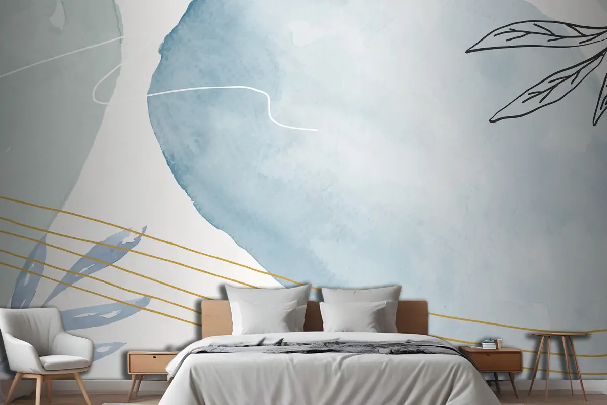 Mavi Suluboya Çiçek Arka Plan Yatak Odası Duvar Kağıdı