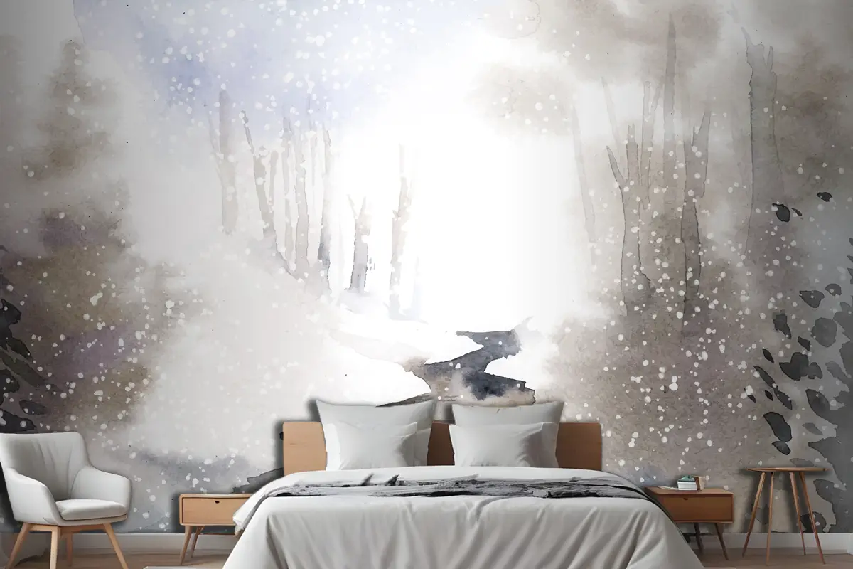 Kış Harikalar Diyarı Manzarası Suluboya Yatak Odası Duvar Kağıdı  Ile Boyalı