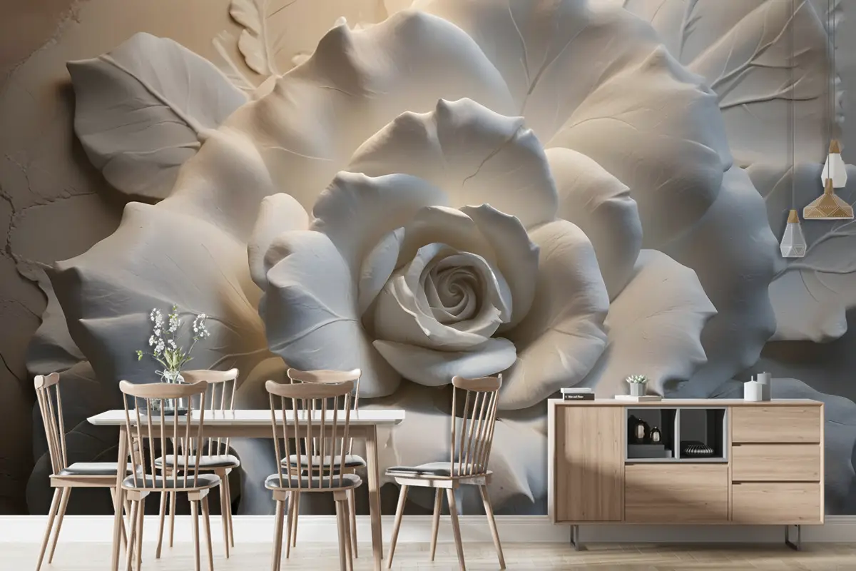 3D Kabartmalı Görünümlü Çimento Gülleri Duvar Kağıdı