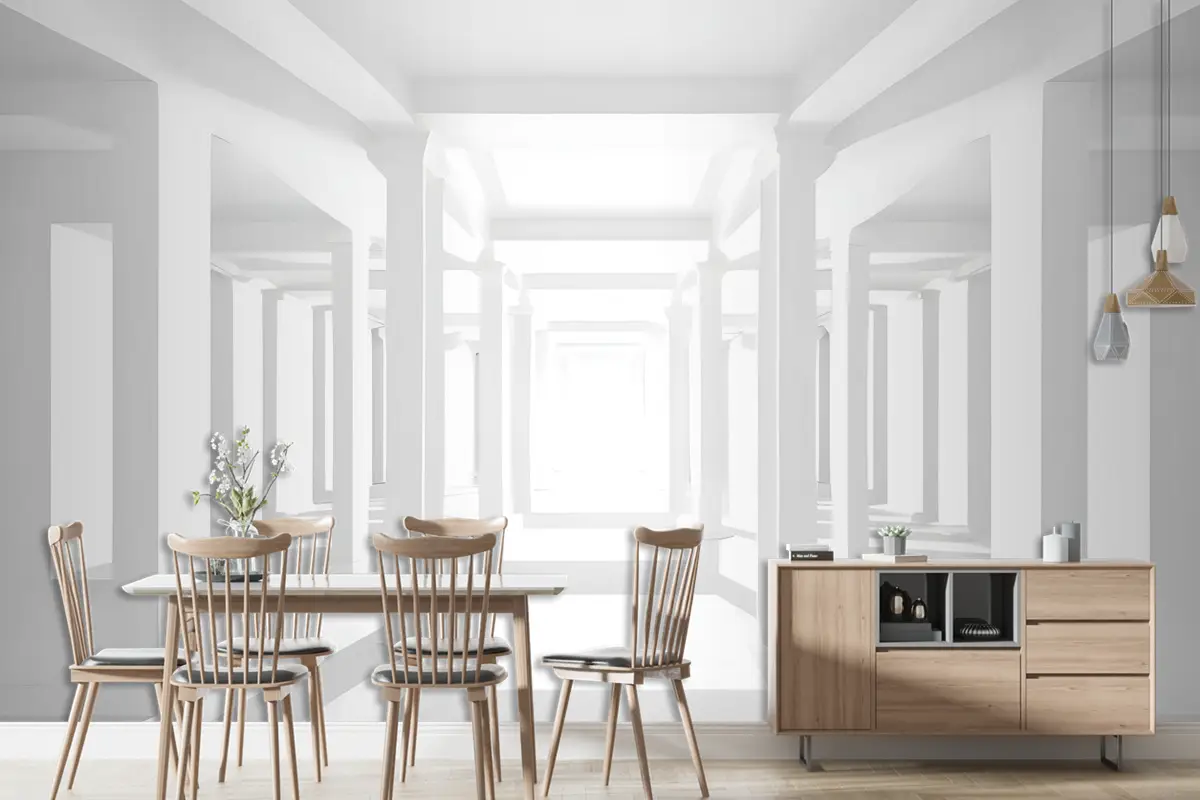 3D Görünümlü Soyut Mimari Beyaz Koridor Duvar Kağıdı 