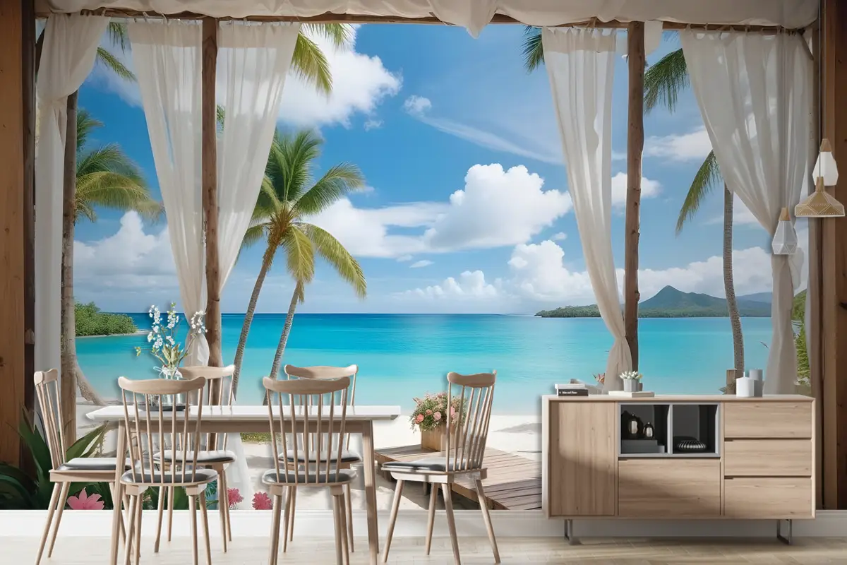 Eski Kemerler Ve Palmiye Ağaçları Ile 3D Görünümlü Mavi Deniz Manzarası Duvar Kağıdı