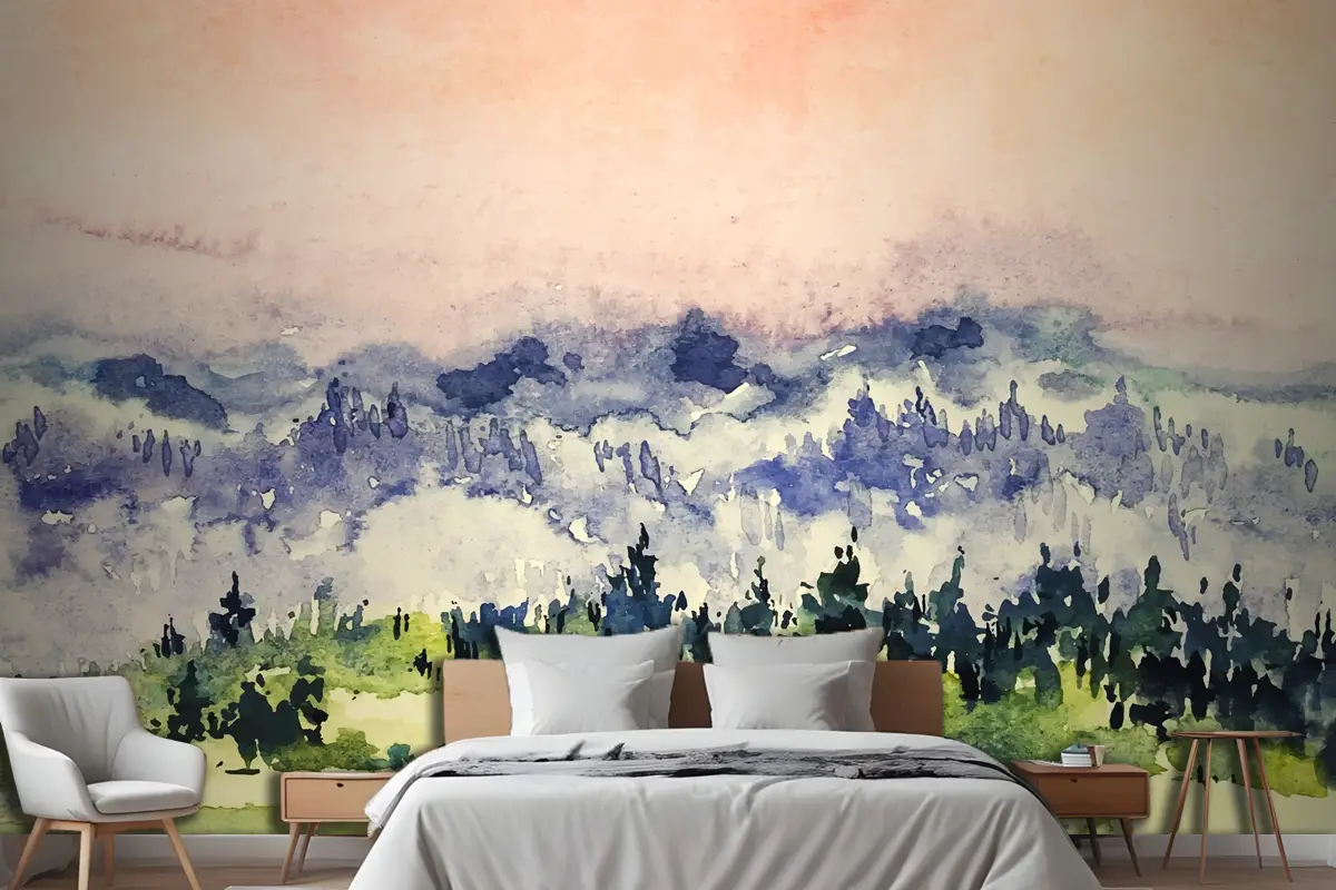 Soyut Suluboya Manzara Arka Plan Yatak Odası Duvar Kağıdı