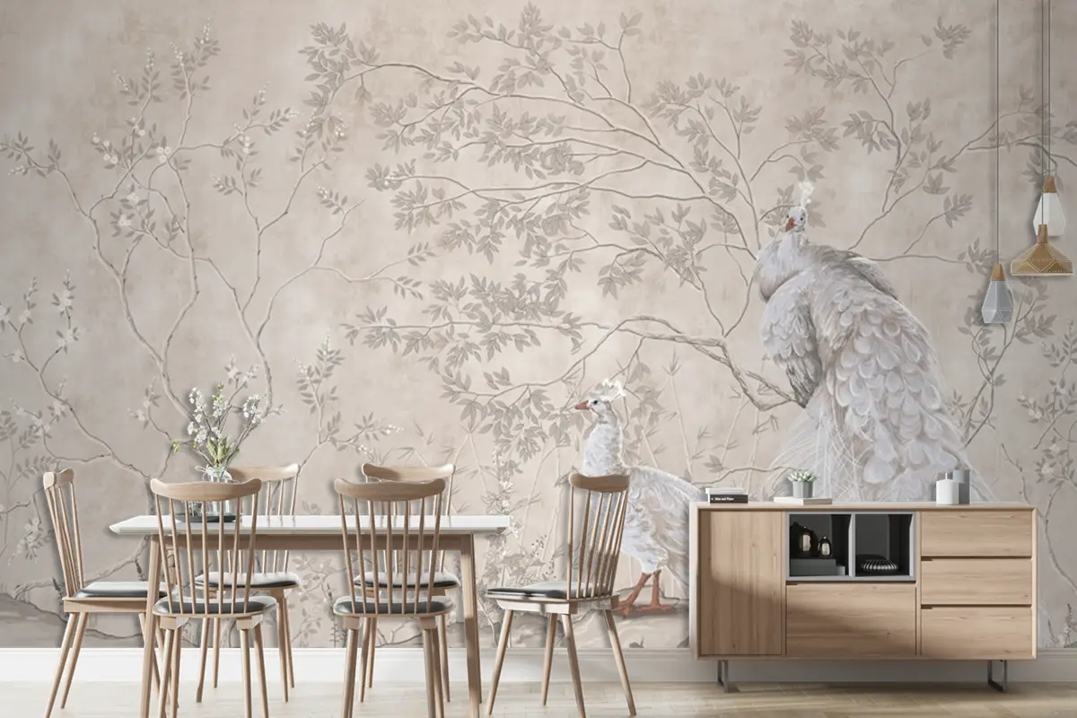 Tavus Kuşları Ve Ağaçlar İç Proje Duvar Kağıdı Duvar Tasarımı İçin Tasarım