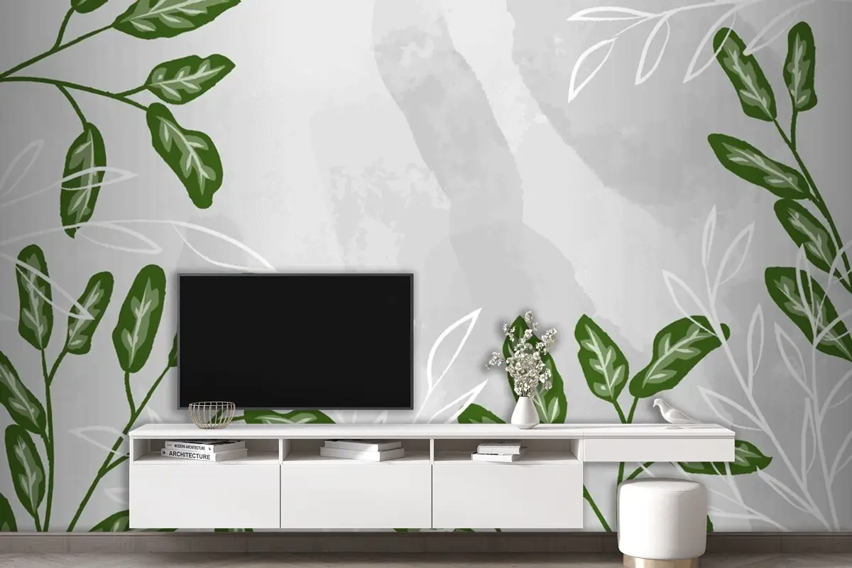 Suluboya Oturma Odası Duvar Kağıdı  Ile Detaylı Yapraklar