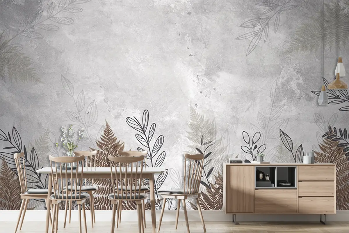 Kahverengi  Krem  Gri Tropikal Yapraklar Duvar Kağıdı