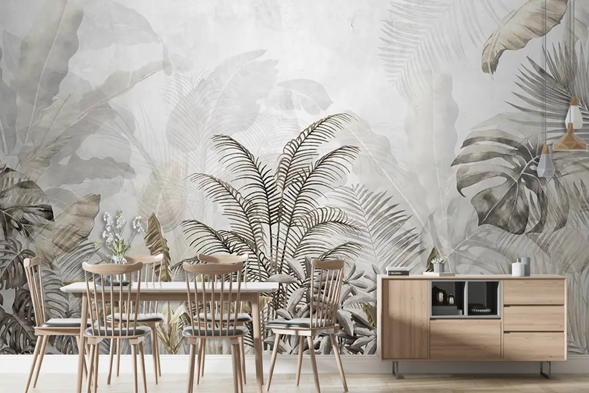 Krem Gold Tropikal Yapraklar Ve Ağaçlar Duvar Kağıdı