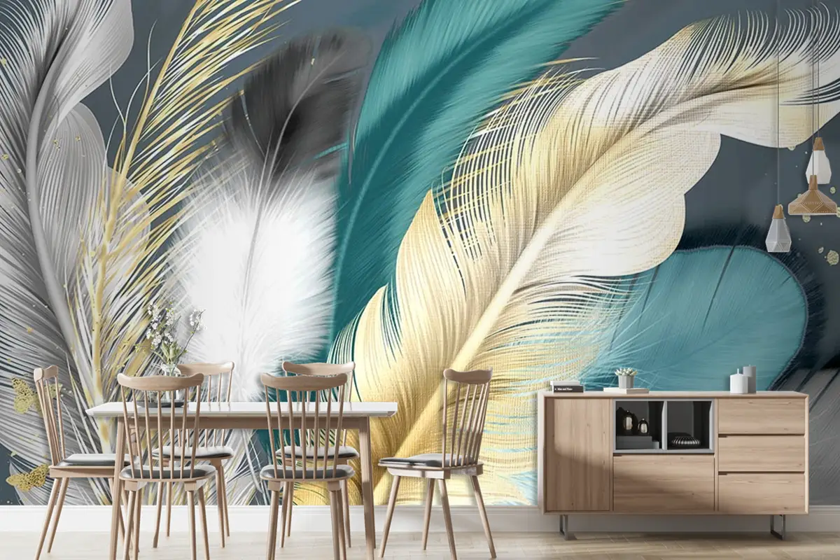 Renkli Büyük Tüyler Duvar Kağıdı  Tüy Desen Duvar Kağıdı