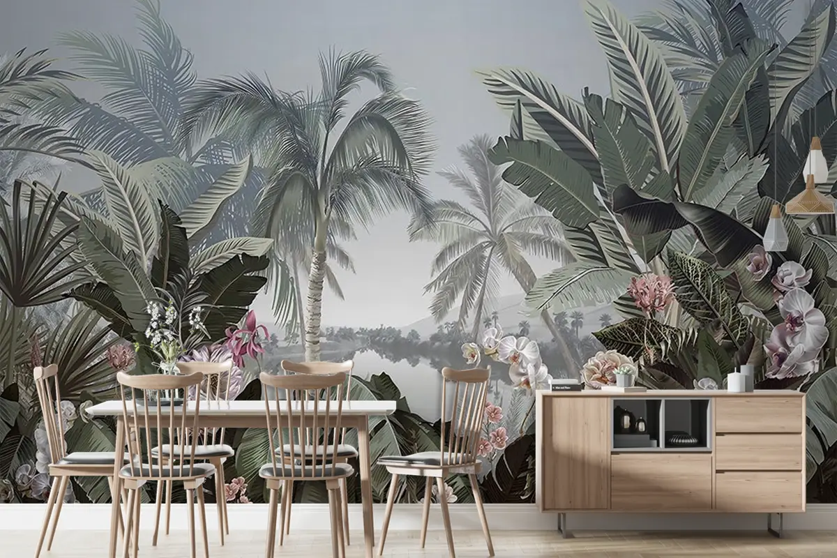 Renkli Çiçekler Ve Tropikal Yapraklar Duvar Kağıdı