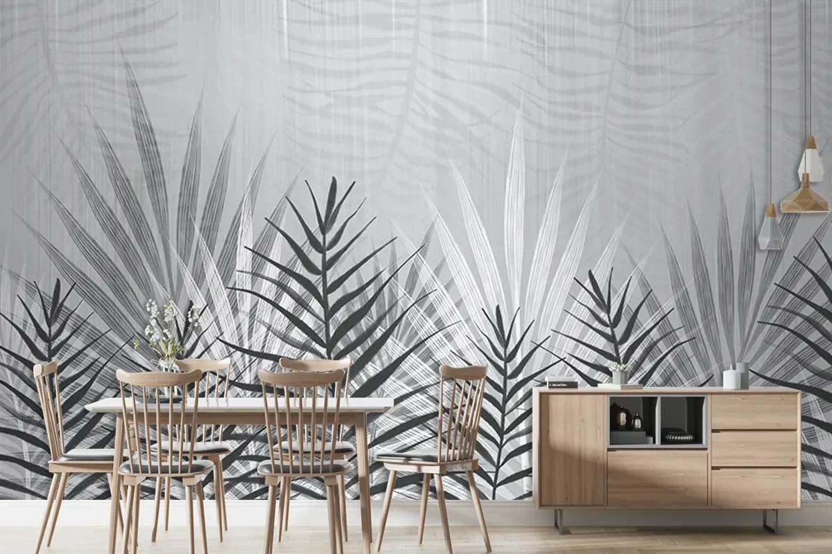 Siyah Beyaz Ince Yapraklar Duvar Kağıdı