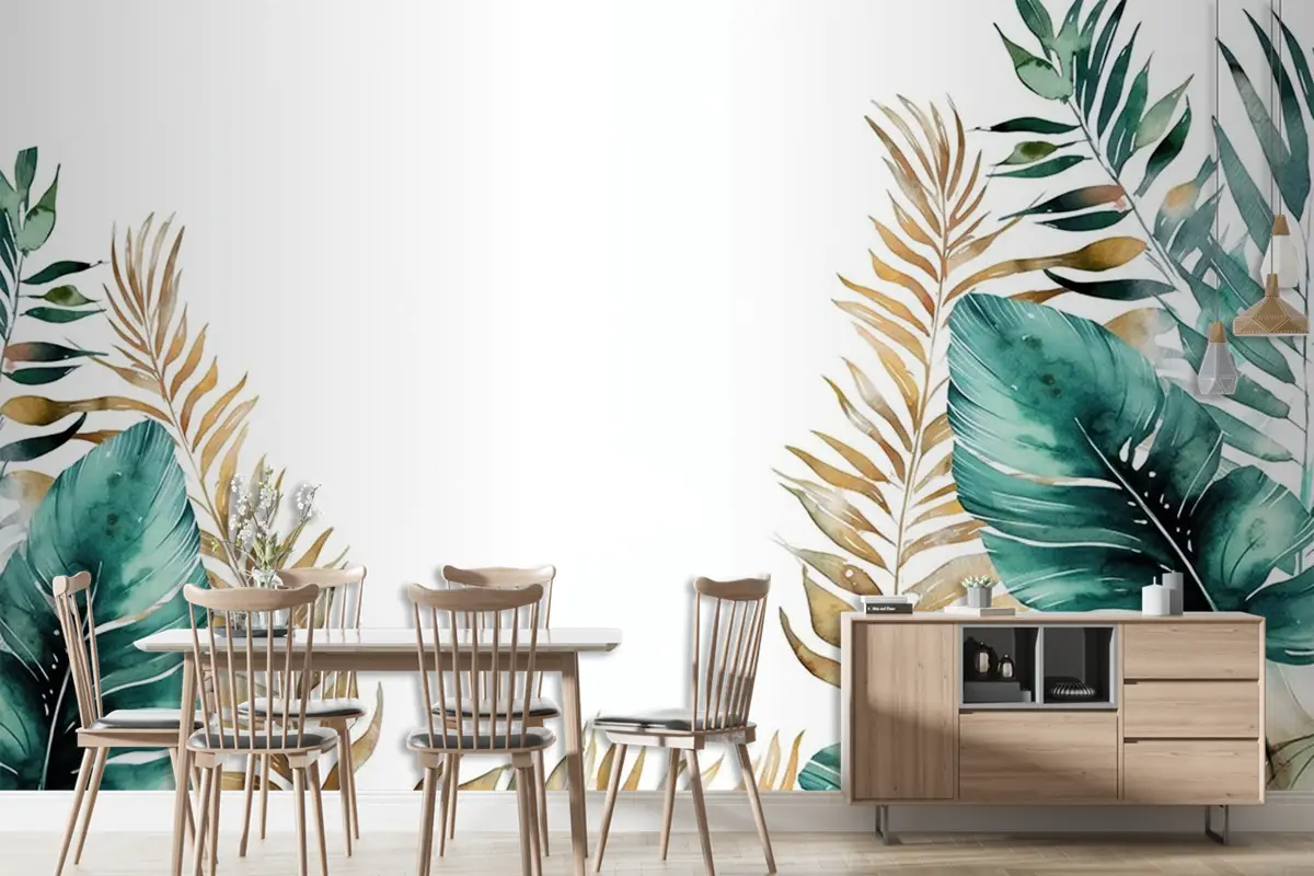 Tropikal Duvar Kağıdı Yeşil Gold Tropikal Yapraklar Duvar Kağıdı