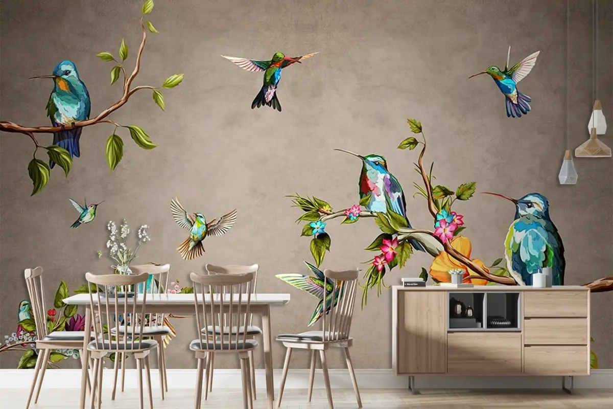 Tropikal Yapraklar Ve Renkli Kuşlar Duvar Kağıdı