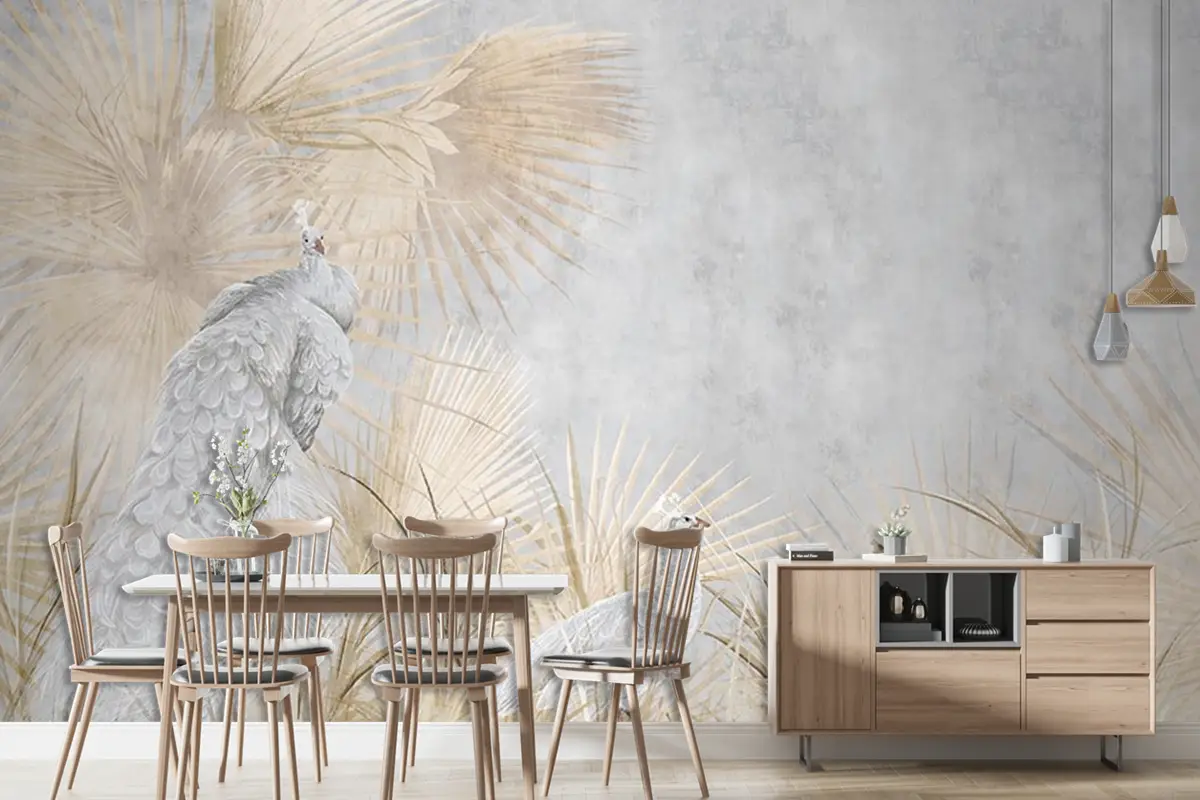 Tropikal Yapraklar Ve Tavus Kuşları Duvar Kağıdı