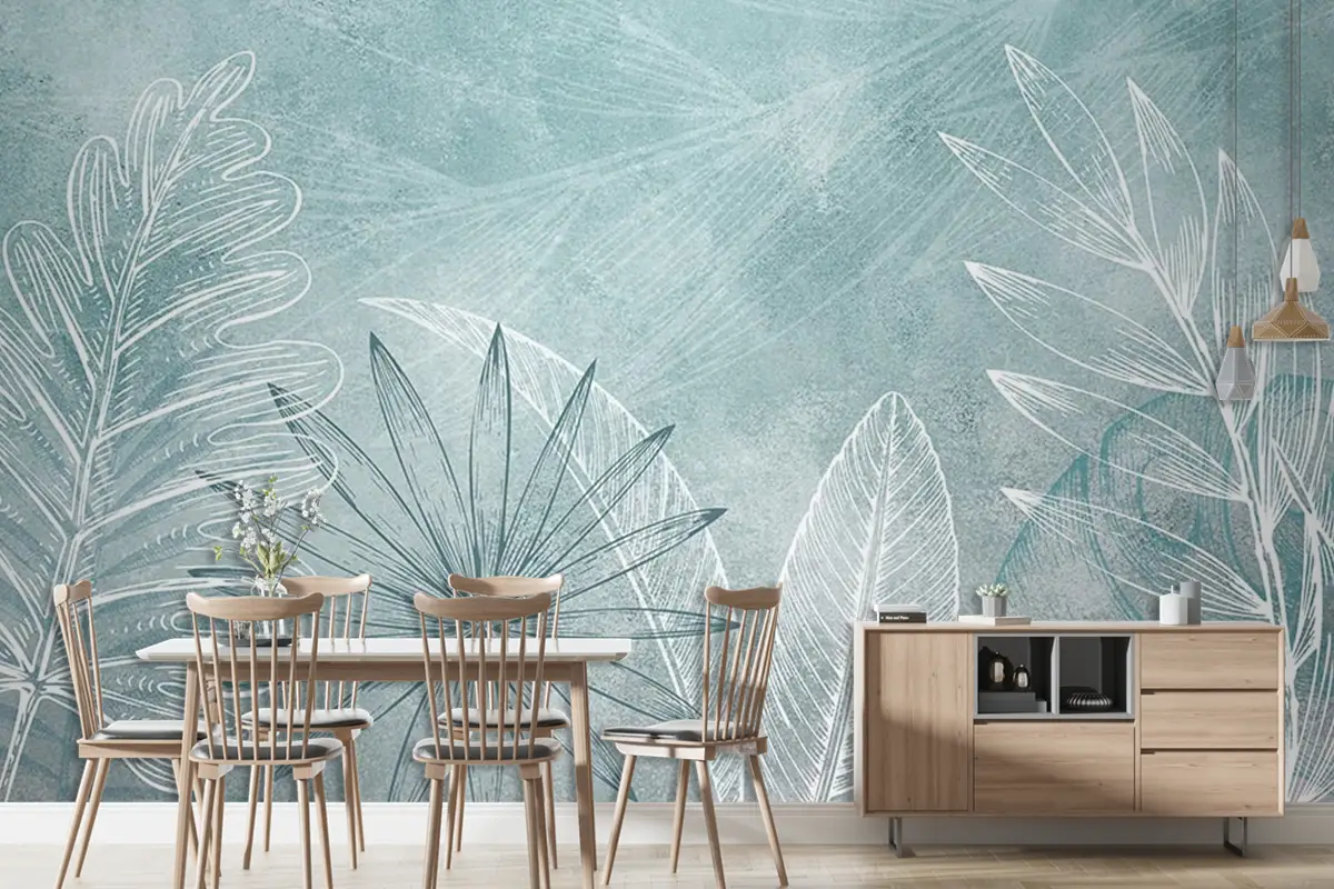 Turkuaz  Beyaz Yapraklar Duvar Kağıdı